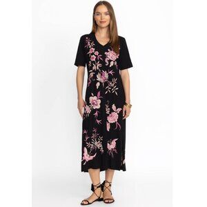 Johnny Was Black Maxi Dress with Pink Floral Embroidery
